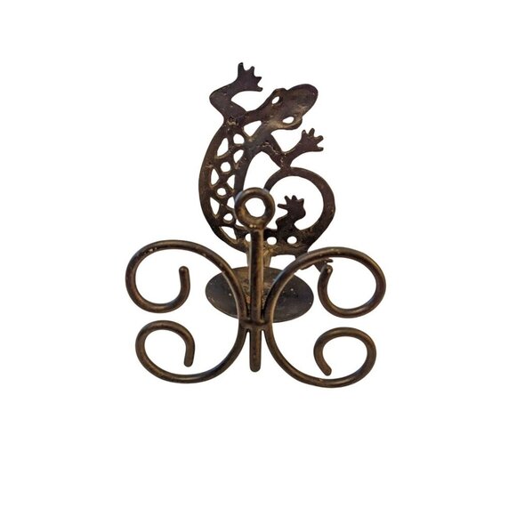 Vintage Southwestern Black Wrought Iron Gecko Lizard Pillar Candle Holder Sconce - Picture 2 of 4